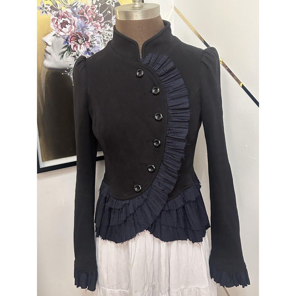 Free people Black Romance Military Ruffles Knit Jacket Sz 6 Victorian Steampunk